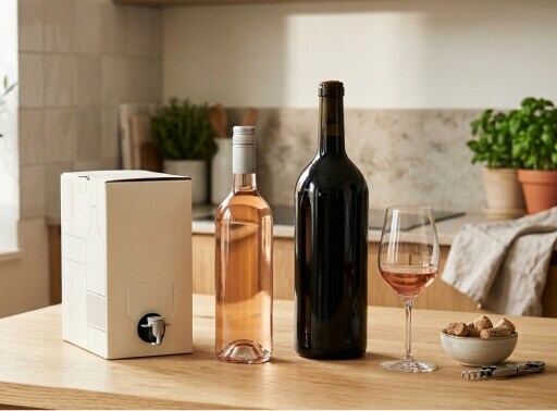 Wijnverpakkingen: een bag in box, peftles en magnumfles staan op tafel naast een glas rose wijn en een schaaltje nootjes